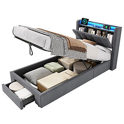 WISHDOR Lit Rembourré 90x200 Cm -coffre De Rangement -prises Intégrées - LED