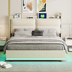 Lit rembourré - Superaly - 140x200cm - avec LED et USB - sans matelas - beige