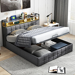 Lit rembourré - Superaly - 140x200cm - avec LED et USB - sans matelas - gris