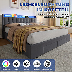 OKWISH Lit 180x200 cm Gris - Lit Coffre USB LED 215.5 x 181 x 106 cm, Velours Métal Bois pas cher