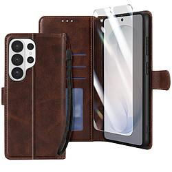 Enkay Étui Portefeuille pour Galaxy S26 Ultra avec Verre Trempé et Dragonne Marron