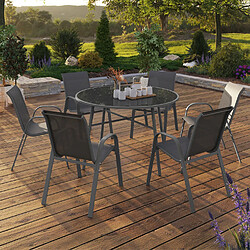Idmarket Salon de jardin MADRID table ronde 120 CM et 6 chaises empilables gris anthracite