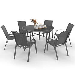 Idmarket Salon de jardin MADRID table ronde 120 CM et 6 chaises empilables gris anthracite