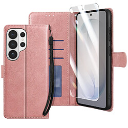 Enkay Étui Portefeuille pour Galaxy S26 Ultra avec Verre Trempé et Dragonne Rose