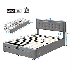 Acheter KOMHTOM Lit double 140x200 cm, rangement hydraulique, 2 tiroirs, tête réglable, velours gris