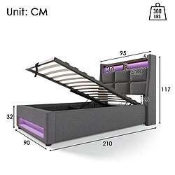 Acheter KOMHTOM Lit 90x200 cm tête de lit USB LED, rangement hydraulique, sommier lattes inclus, gris