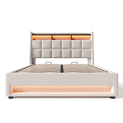 KOMHTOM Lit 140x200 cm, tête de lit USB LED, rangement hydraulique, sommier lattes, beige pas cher