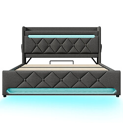 KOMHTOM Lit rembourré lin 160x200cm, LED 360° tête/pieds, 3 USB-C, structure fer 250kg, gris pas cher