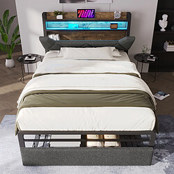 KOMHTOM Lit 90x200 cm avec LED, USB-C, tiroir coulissant, tête de lit rangement, gris