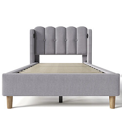 KOMHTOM Lit simple 90x200 cm, sommier inclus, tête de lit panel, USB-C, cadre robuste, lin gris pas cher