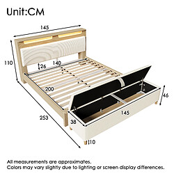 Acheter KOMHTOM Lit 140x200 cm avec banc rangement, tête LED 20 couleurs, velours beige, chêne clair