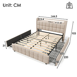Acheter KOMHTOM Lit double 140x200, sommier bois, 4 tiroirs, tête rembourrée, LED, USB, 600 lb, beige
