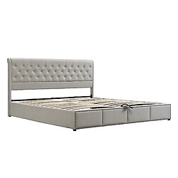 KOMHTOM Lit rembourré coton lin 140x200, coffre hydraulique, clous décoratifs, sans matelas pas cher