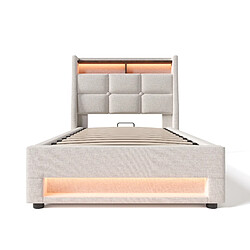 KOMHTOM Lit 90x200 cm, tête de lit USB LED, rangement hydraulique, sommier lattes, beige pas cher