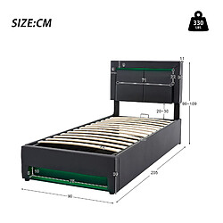 Acheter KOMHTOM Lit 90x200 cm, charge sans fil & USB, LED 12 couleurs télécommandée, PU noir