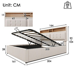 Acheter KOMHTOM Lit double 160x200, rangement, prise USB-C, tête réglable, sommier inclus, lin beige