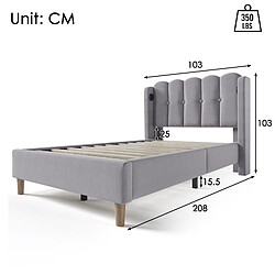 Acheter KOMHTOM Lit simple 90x200 cm, sommier inclus, tête de lit panel, USB-C, cadre robuste, lin gris