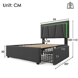 Acheter KOMHTOM Lit simple 90x200 LED télécommande,2 tiroirs,tête réglable,sommier bois,gris,300 livres