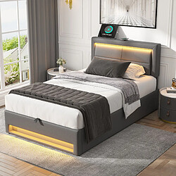 KOMHTOM Lit 90x200 cm, charge sans fil et USB, LED 12 couleurs télécommandée, PU gris