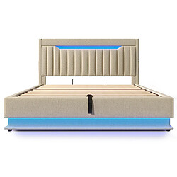 KOMHTOM Lit 140x200 cm avec matelas, LED musicale et App, charge USB-C, coffre, beige pas cher