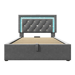 KOMHTOM Lit simple 90x200 cm velours LED USB-C rangement hydraulique fer sommier inclus gris pas cher