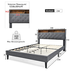 Acheter KOMHTOM Lit plateau 140x200 bois massif, tête de lit 4 compartiments, LED changeante, gris