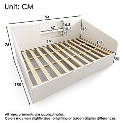 Acheter KOMHTOM Lit 140x190 cm, charge USB-C, étagères, sommier lattes, rangement hydraulique, blanc