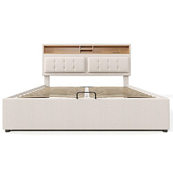KOMHTOM Lit double 160x200, rangement, prise USB-C, tête réglable, sommier inclus, lin beige pas cher
