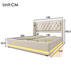 Acheter KOMHTOM Lit double hydraulique 140x200, LED 3 côtés, rangement, USB, tête capitonnée beige