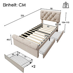 Acheter KOMHTOM Lit simple 90x200cm Chesterfield,têtière réglable,2 tiroirs,matelas 406 ressorts,naturel