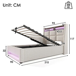 Acheter KOMHTOM Lit 90x200 cm, tête de lit USB LED, rangement hydraulique, sommier lattes, beige