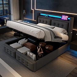 KOMHTOM Lit double 160x200cm coton-lin, têtière LED avec prises, rangement hydraulique 300kg, gris