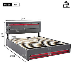 Acheter KOMHTOM Lit Double 140x200cm, LED 12 Couleurs, USB Charge, Rangement, Lattes Renforcé, Gris