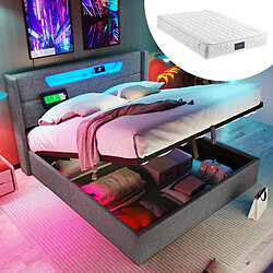 KOMHTOM Lit 140x200 cm avec matelas 620 ressorts, LED, USB-C, rangement hydraulique, lin