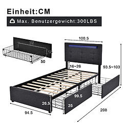 Acheter KOMHTOM Lit simple 90x200 avec LED télécommande, 2 tiroirs, cadre bois, tête réglable, gris