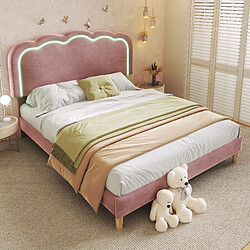 KOMHTOM Lit Rembourré Velours 140x200, Tête Pouf LED Réglable, Éclairage Multicolore, Musique,Rose