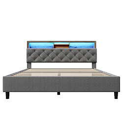 KOMHTOM Lit plateau 140x200 bois massif, tête de lit 4 compartiments, LED changeante, gris pas cher