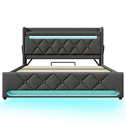 KOMHTOM Lit 140x200 LED 360° App Musical, Tête USB-C, sommier lattes, sans matelas, lin gris pas cher