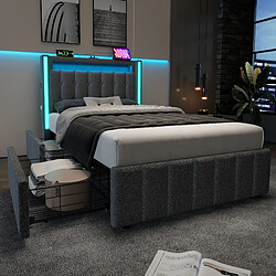 KOMHTOM Lit 90x200 cm avec tête USB-C, LED app, 2 tiroirs, sommier lattes bois inclus, gris