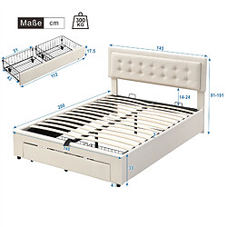Acheter KOMHTOM Lit double 140x200, sommier lattes, rangement hydraulique, 2 tiroirs, tête réglable,beige