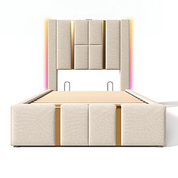 KOMHTOM Lit simple 90x200 cm, LED RGB, USB-C, rangement hydraulique, sommier bois, lin beige pas cher