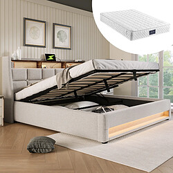 KOMHTOM Lit capitonné 140x200 cm, LED, USB, matelas 620 ressorts, rangement hydraulique, lin