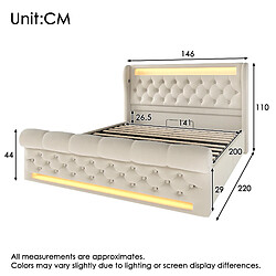 Acheter KOMHTOM Lit Rembourré Velours 140x200, LED 60000 Couleurs App, USB-C, Hydraulique Rangement Beige