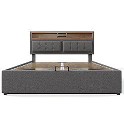KOMHTOM Lit double 160x200, rangement, prise USB-C, tête réglable, sommier inclus, lin gris pas cher