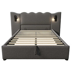 KOMHTOM Lit 160x200 cm, matelas, lampe orientable USB-C, rangement hydraulique, lin gris pas cher
