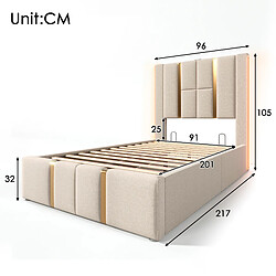 Acheter KOMHTOM Lit simple 90x200 cm, LED RGB, USB-C, rangement hydraulique, sommier bois, lin beige