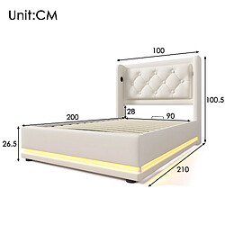 Acheter KOMHTOM Lit Rembourré 90x200, Tête Capitonnée 16cm, USB-C, LED 3 Côtés,Rangement Hydraulique Blanc