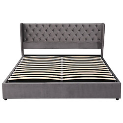 KOMHTOM Lit double Chesterfield 180x200, rangement hydraulique, sommier lattes, velours gris pas cher
