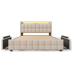 KOMHTOM Lit double 140x200, sommier bois, 4 tiroirs, tête rembourrée, LED, USB, 600 lb, beige pas cher