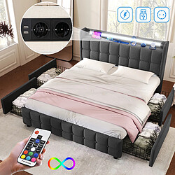 KOMHTOM Lit Rembourré 180x200, Tête LED USB Prises EU, 4 Tiroirs Verrouillables, Fer, 270kg, Gris